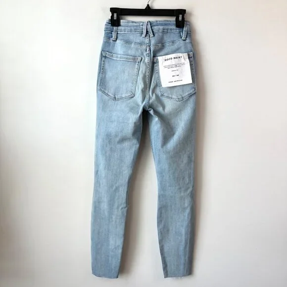 Good American Good Waist Skinny High Rise Jeans Size‎ 00 / 24 Blue Ripped Knee